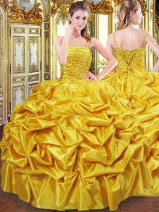 Sophisticated Gold Sleeveless Floor Length Beading and Pick Ups Lace Up Quinceanera Dress