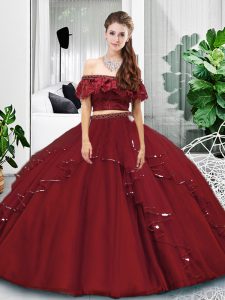 Floor Length Burgundy 15th Birthday Dress Off The Shoulder Sleeveless Lace Up