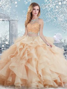 Fabulous Peach Ball Gowns Beading and Ruffles Sweet 16 Dresses Clasp Handle Organza Sleeveless Floor Length
