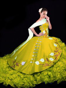 Ideal Gold Quinceanera Dress Organza Brush Train Sleeveless Embroidery and Ruffles