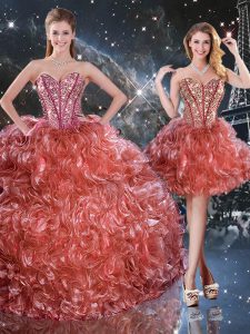 Colorful Rust Red Lace Up Sweetheart Beading and Ruffles 15th Birthday Dress Organza Sleeveless