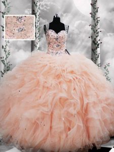 Free and Easy Floor Length Ball Gowns Sleeveless Peach Quinceanera Dress Lace Up