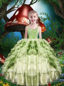 Popular Organza Straps Short Sleeves Lace Up Beading and Ruffles and Ruffled Layers Little Girl Pageant Dress in Yellow Green