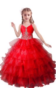 Organza V-neck Sleeveless Zipper Beading and Ruffled Layers Pageant Gowns For Girls in Red