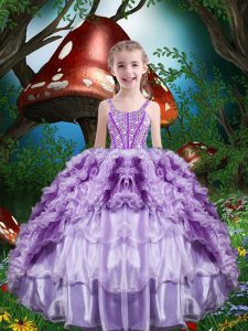 Ball Gowns Kids Pageant Dress Lavender Straps Organza Sleeveless Floor Length Lace Up