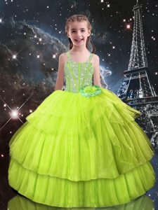 Customized Tulle Sleeveless Floor Length Little Girl Pageant Dress and Beading and Ruffled Layers