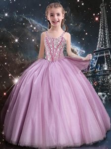 Fancy Rose Pink Straps Neckline Beading Little Girl Pageant Gowns Sleeveless Lace Up