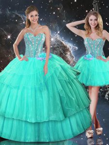 Organza Sweetheart Sleeveless Lace Up Ruffled Layers and Sequins Quinceanera Dresses in Turquoise