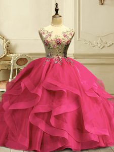 Flirting Floor Length Hot Pink Quinceanera Gown Scoop Sleeveless Lace Up