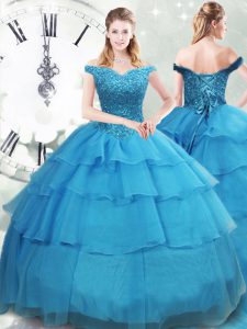 Exquisite Baby Blue Ball Gowns Beading and Ruffled Layers 15 Quinceanera Dress Lace Up Organza Sleeveless