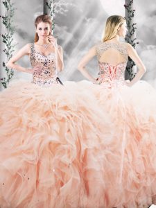 Wonderful Straps Sleeveless Lace Up Sweet 16 Dresses Peach Tulle