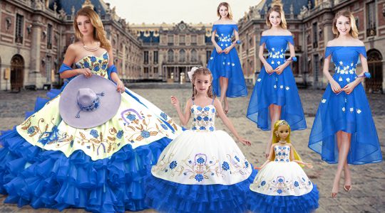 Popular Sweetheart Sleeveless Quinceanera Dress Floor Length Embroidery and Ruffled Layers Royal Blue Organza