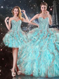 Admirable Aqua Blue Ball Gowns Beading and Ruffles 15 Quinceanera Dress Lace Up Organza Sleeveless Floor Length