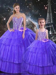Attractive Organza and Tulle Sweetheart Sleeveless Lace Up Ruffled Layers and Sequins 15th Birthday Dress in Purple