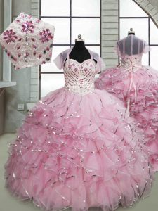 Sleeveless Beading and Ruffles Lace Up Little Girls Pageant Dress Wholesale with Baby Pink Brush Train