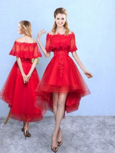 Inexpensive Wine Red A-line Off The Shoulder Half Sleeves Organza High Low Lace Up Appliques Vestidos de Damas