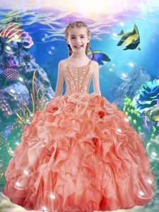 Superior Watermelon Red Sleeveless Floor Length Beading and Ruffles Lace Up Winning Pageant Gowns