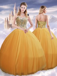 Gold Sleeveless Tulle Lace Up Sweet 16 Dresses for Military Ball and Sweet 16