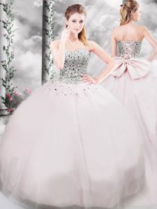 Edgy Pink Quinceanera Dress Military Ball and Sweet 16 and Quinceanera with Beading and Bowknot Sweetheart Sleeveless Brush Train Lace Up