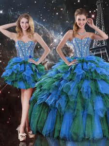 Top Selling Multi-color Ball Gowns Sweetheart Sleeveless Organza Floor Length Lace Up Beading and Ruffles and Ruffled Layers 15 Quinceanera Dress