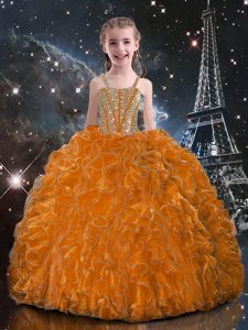 Cute Floor Length Lace Up Evening Gowns Orange Red for Quinceanera and Wedding Party with Beading and Ruffles