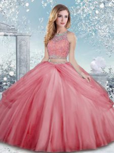 Watermelon Red Scoop Clasp Handle Beading Quince Ball Gowns Sleeveless