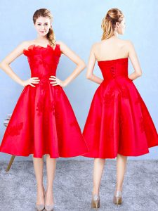 On Sale Red A-line Satin Strapless Sleeveless Appliques and Ruffles Knee Length Lace Up Dama Dress