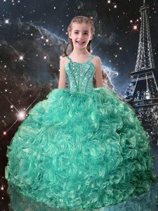 Glorious Beading and Ruffles Kids Formal Wear Turquoise Lace Up Sleeveless Floor Length