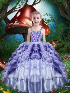 Custom Made Purple Sleeveless Beading and Ruffles and Ruffled Layers Floor Length Pageant Gowns For Girls