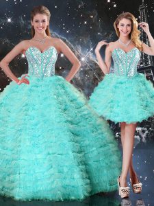 Dynamic Turquoise Quinceanera Gown Military Ball and Sweet 16 and Quinceanera with Beading and Ruffled Layers Sweetheart Sleeveless Lace Up