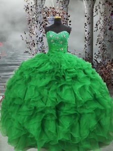 Custom Fit Sweetheart Sleeveless Lace Up Quinceanera Gowns Green Organza