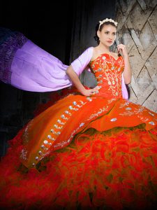 Orange Red Sleeveless Brush Train Embroidery and Ruffles Sweet 16 Dresses