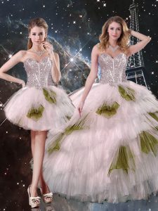 High End Sweetheart Sleeveless Quinceanera Dress Floor Length Beading and Ruffled Layers and Sequins Champagne Tulle