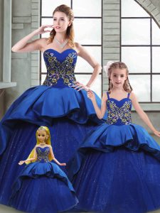 Suitable Blue Taffeta Lace Up Sweetheart Sleeveless Sweet 16 Quinceanera Dress Court Train Beading and Appliques and Embroidery