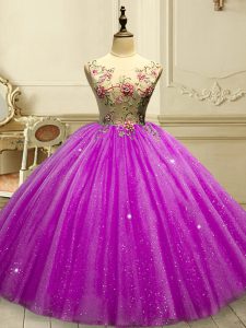Fuchsia Tulle Lace Up Scoop Sleeveless Floor Length Quinceanera Gowns Appliques and Sequins