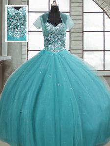 Sweetheart Sleeveless Sweet 16 Dresses Floor Length Beading and Sequins Aqua Blue Tulle