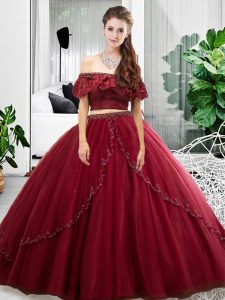 Two Pieces Vestidos de Quinceanera Burgundy Off The Shoulder Tulle Sleeveless Floor Length Lace Up