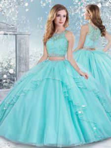 Stylish Floor Length Clasp Handle Quinceanera Dresses Aqua Blue for Military Ball and Sweet 16 and Quinceanera with Beading and Lace