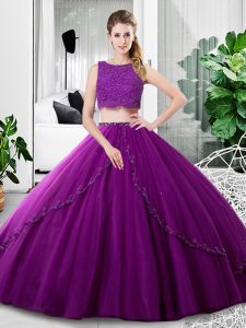 Purple Sleeveless Lace and Ruching Floor Length Sweet 16 Dress