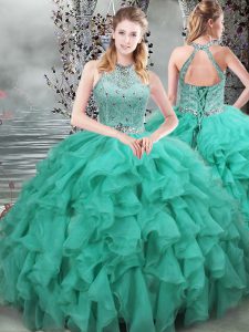 Custom Fit Organza Sleeveless Quinceanera Gowns Brush Train and Beading and Ruffles
