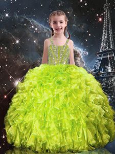 Customized Straps Sleeveless Lace Up Pageant Gowns For Girls Yellow Green Organza