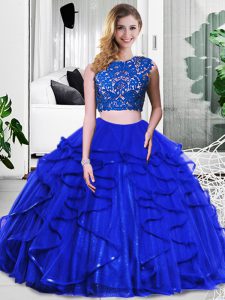 Ideal Royal Blue Two Pieces Lace and Ruffles Sweet 16 Quinceanera Dress Zipper Tulle Sleeveless Floor Length