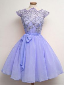 Modest Scalloped Cap Sleeves Quinceanera Court Dresses Knee Length Lace and Belt Lavender Chiffon