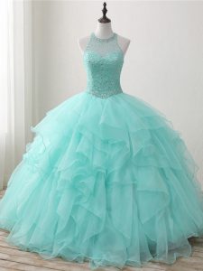 Organza Scoop Sleeveless Lace Up Beading and Ruffles Ball Gown Prom Dress in Apple Green