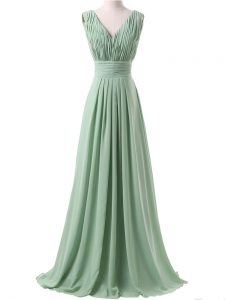 Luxury V-neck Sleeveless Vestidos de Damas Floor Length Ruching Apple Green Chiffon