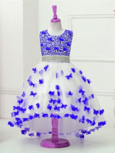 Blue And White Ball Gowns Tulle Scoop Sleeveless Appliques and Sequins High Low Zipper Little Girls Pageant Gowns