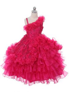 Customized Hot Pink Ball Gowns Asymmetric Sleeveless Organza Floor Length Lace Up Lace and Ruffles and Ruffled Layers Pageant Dress Toddler