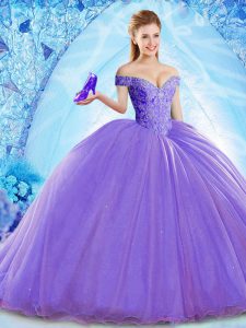 Edgy Lavender Sleeveless Brush Train Beading Quince Ball Gowns