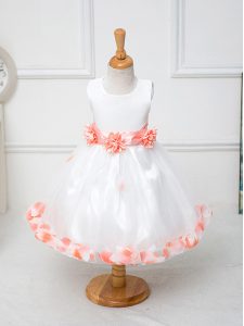 Sleeveless Knee Length Appliques and Hand Made Flower Zipper Toddler Flower Girl Dress with White