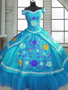 Teal Short Sleeves Floor Length Beading and Embroidery Lace Up Sweet 16 Dresses